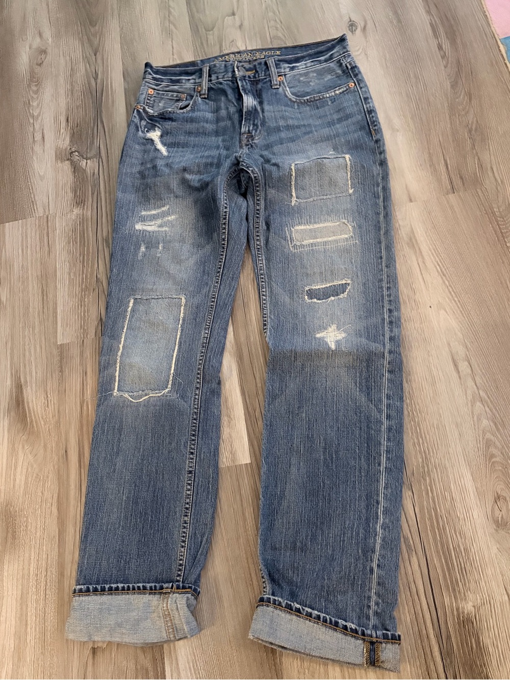 American Eagle Distressed Blue Patchwork Jeans